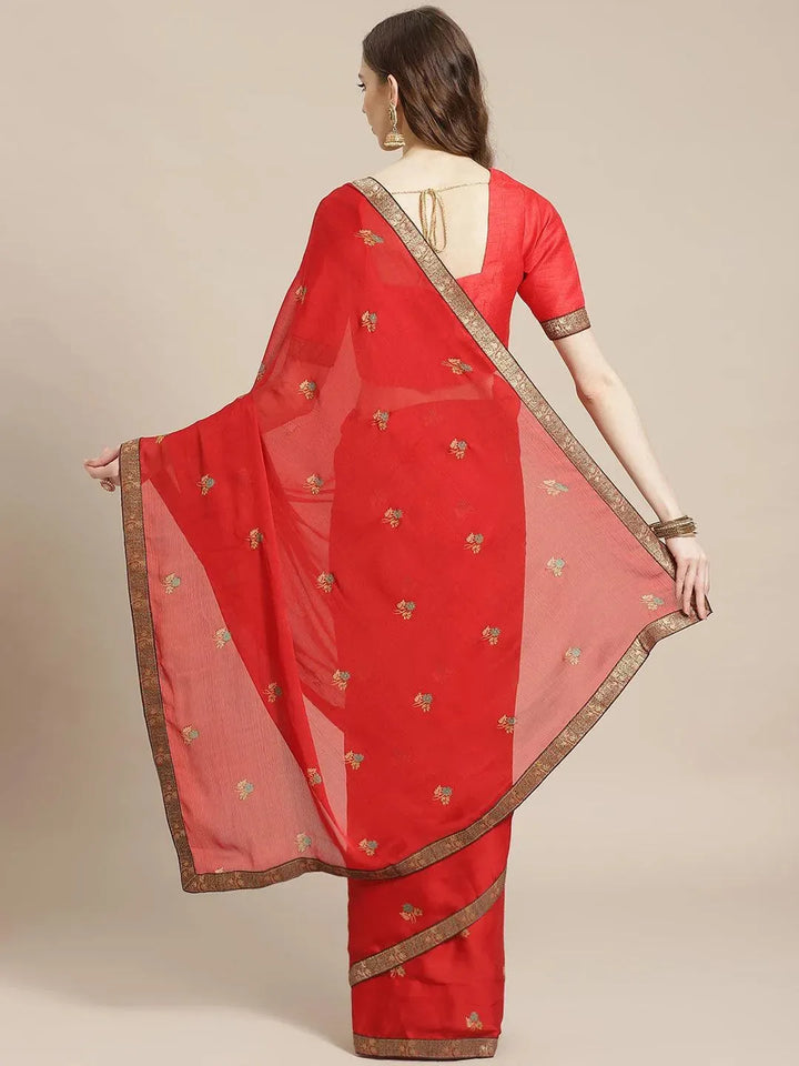 Red Printed Chiffon Saree - Libas