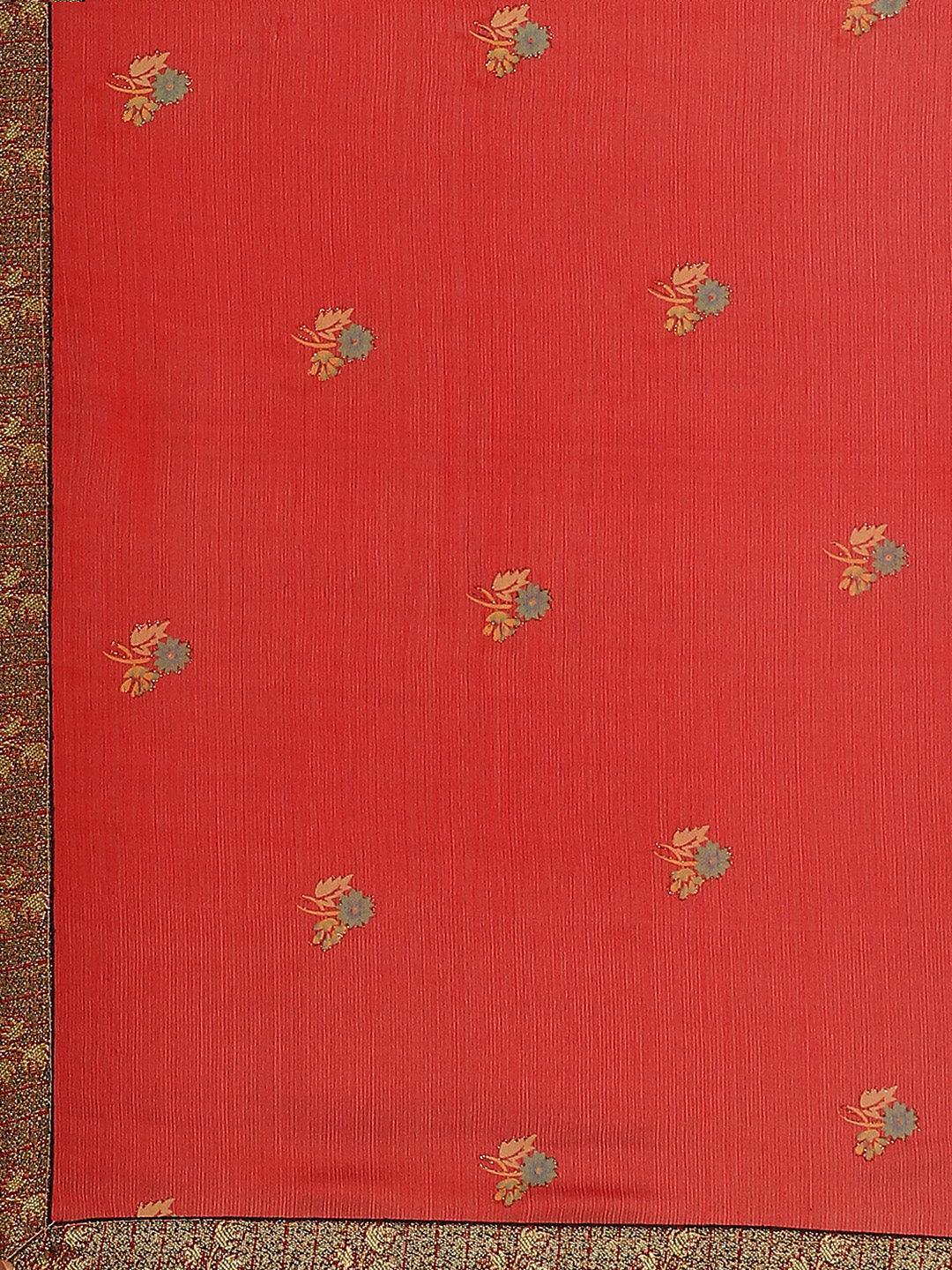Red Printed Chiffon Saree - Libas