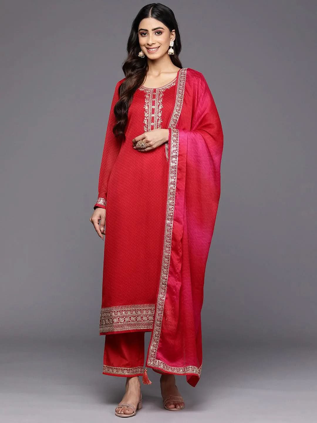 

Red Printed Chiffon Straight Kurta With Trousers & Dupatta