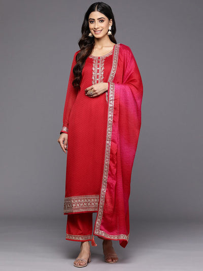 Red Printed Chiffon Straight Suit Set With Trousers - Libas