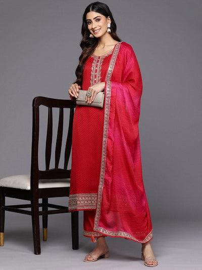Red Printed Chiffon Straight Suit Set With Trousers - Libas