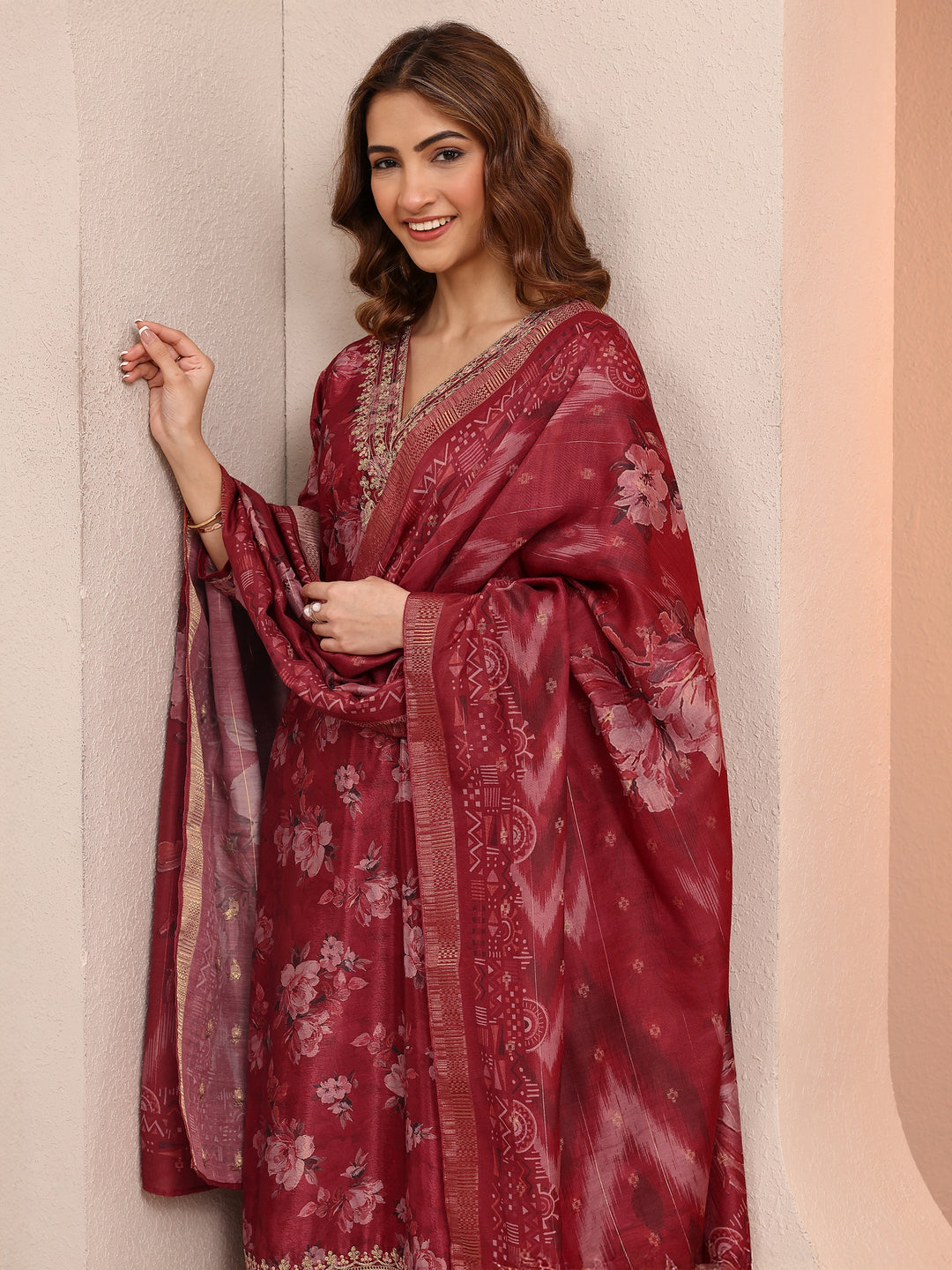 Red Printed Chinon Straight Suit Set With Dupatta