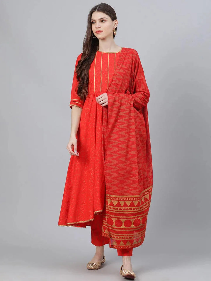 Red Printed Cotton Suit Set - Libas
