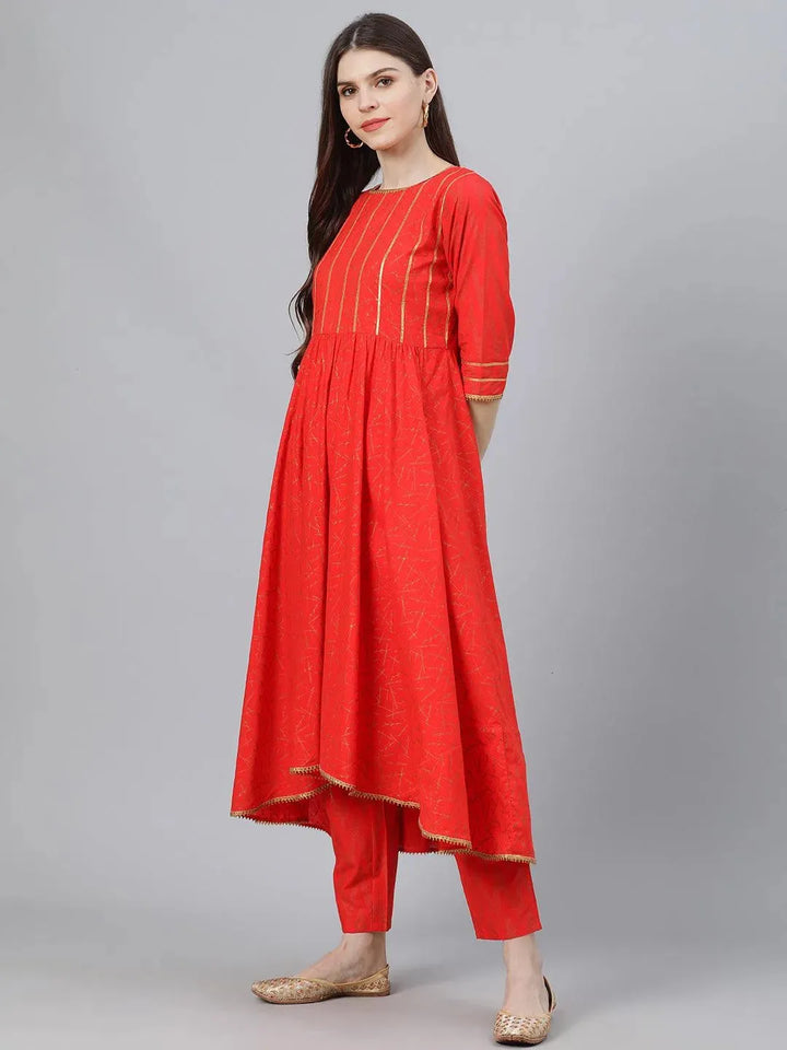 Red Printed Cotton Suit Set - Libas