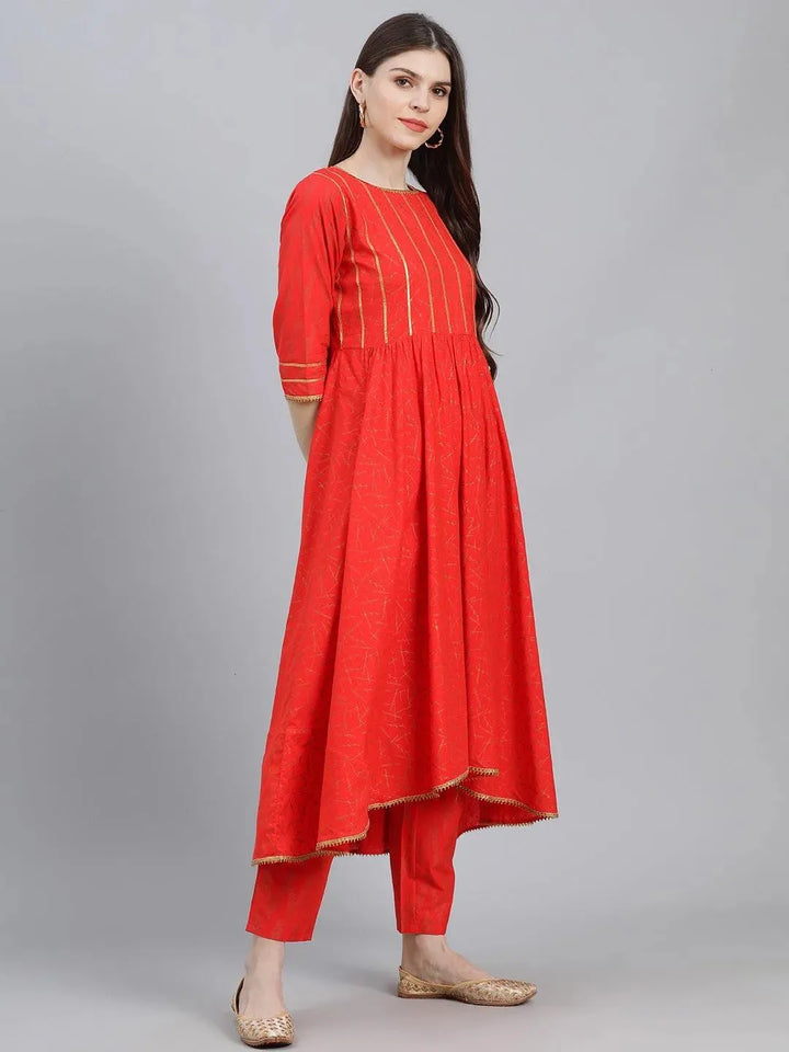 Red Printed Cotton Suit Set - Libas