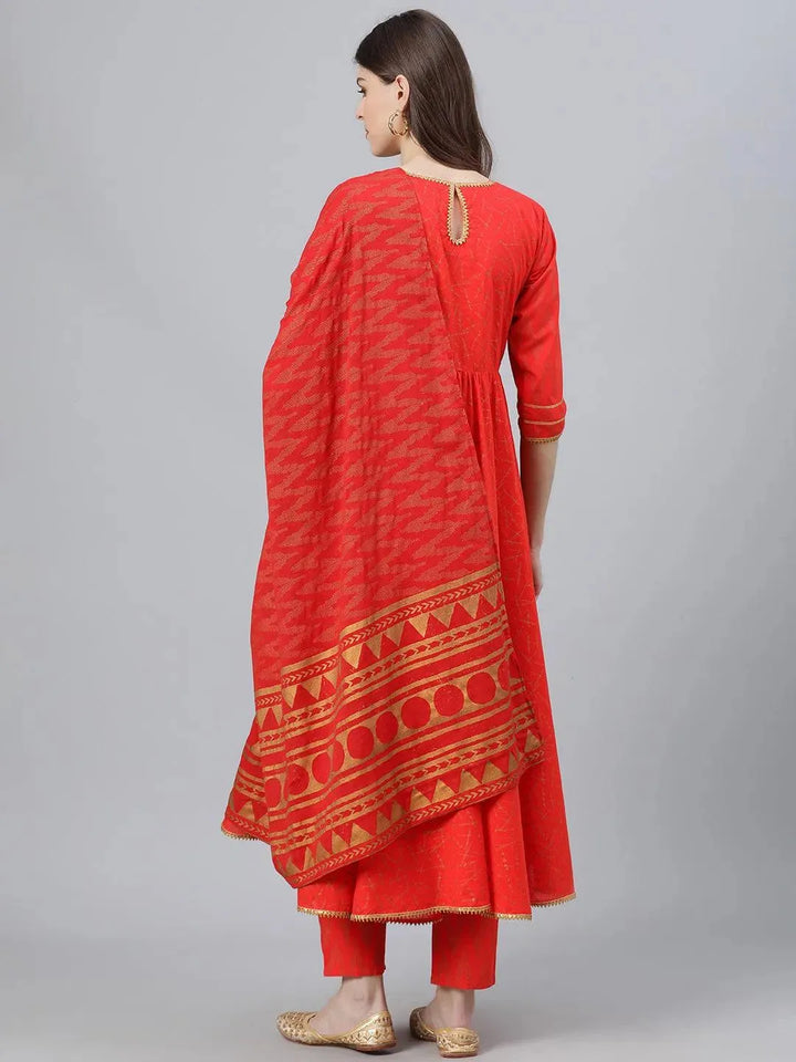 Red Printed Cotton Suit Set - Libas