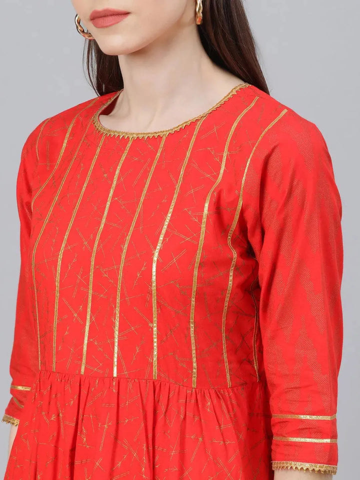 Red Printed Cotton Suit Set - Libas