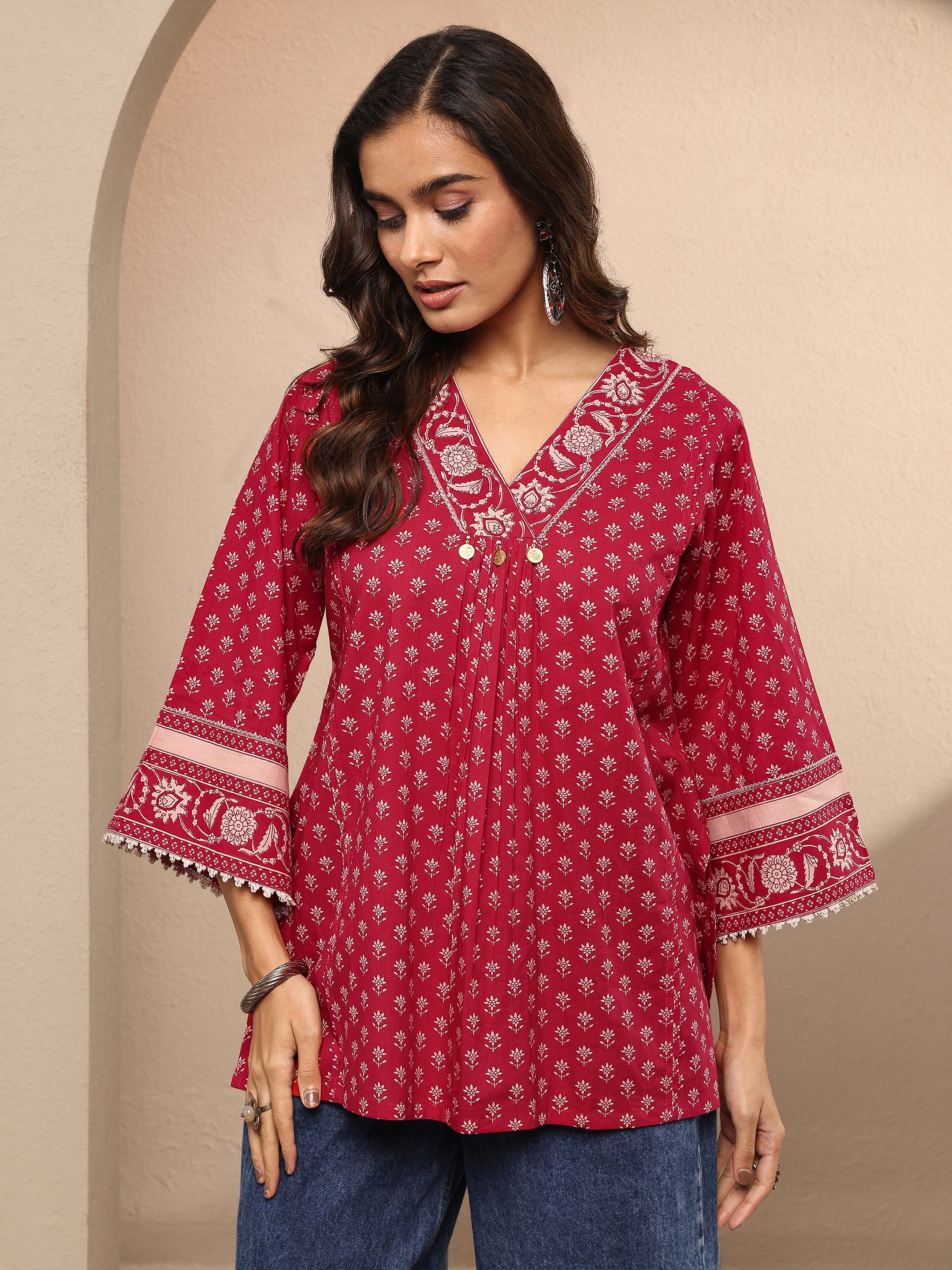 libas Red Printed Cotton A-Line Short Kurti-picture-17
