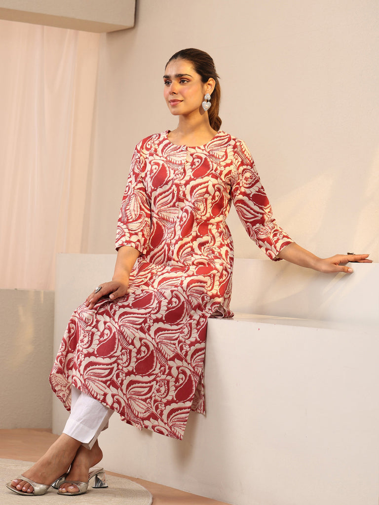 Libas Red Printed Cotton Blend A-Line Shirt Style Kurta