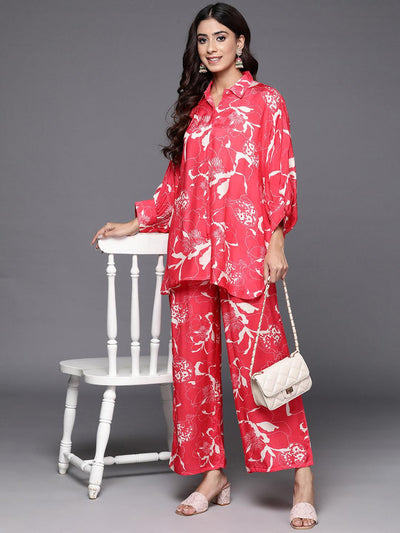 Red Printed Cotton Blend Shirt With Palazzos - Libas