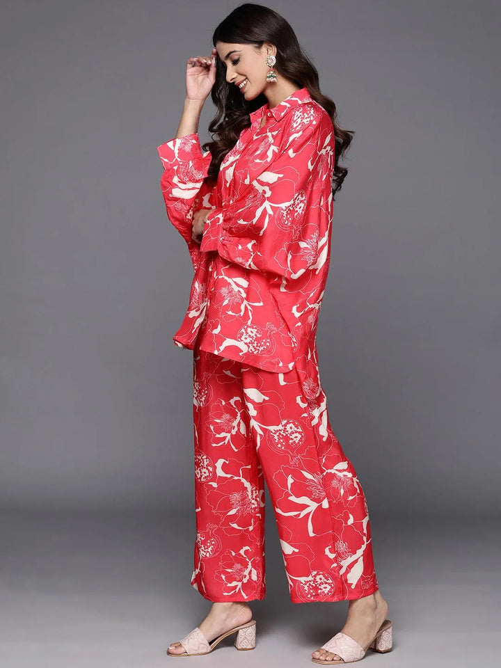 Red Printed Cotton Blend Shirt With Palazzos - Libas