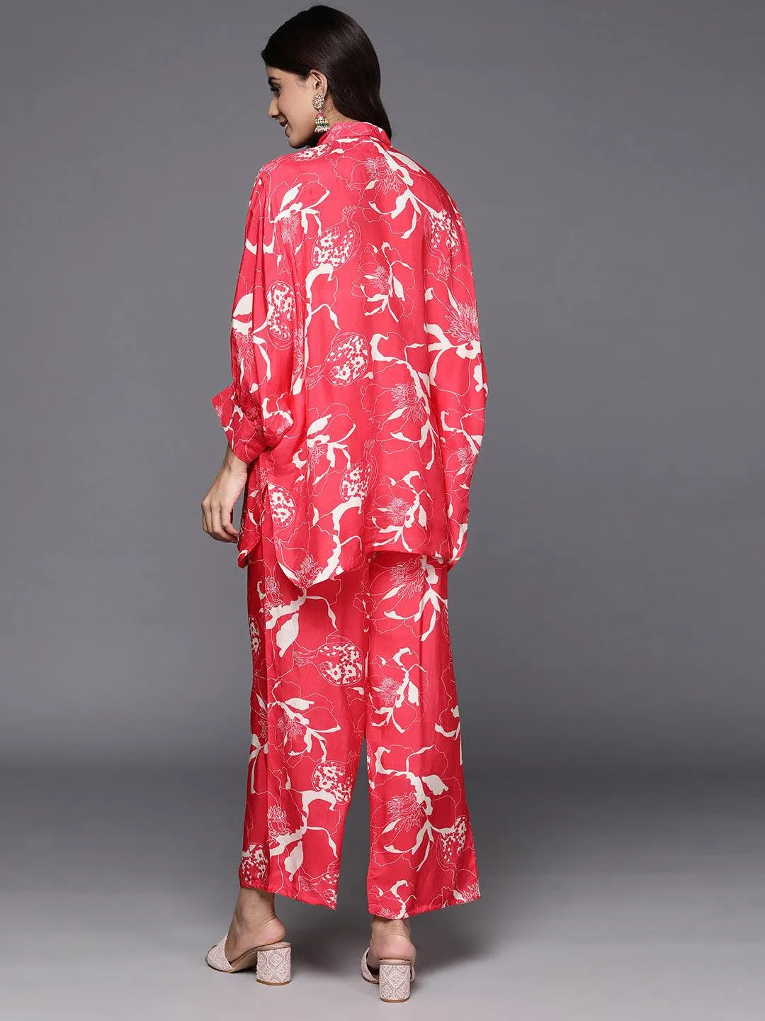 Red Printed Cotton Blend Shirt With Palazzos - Libas 