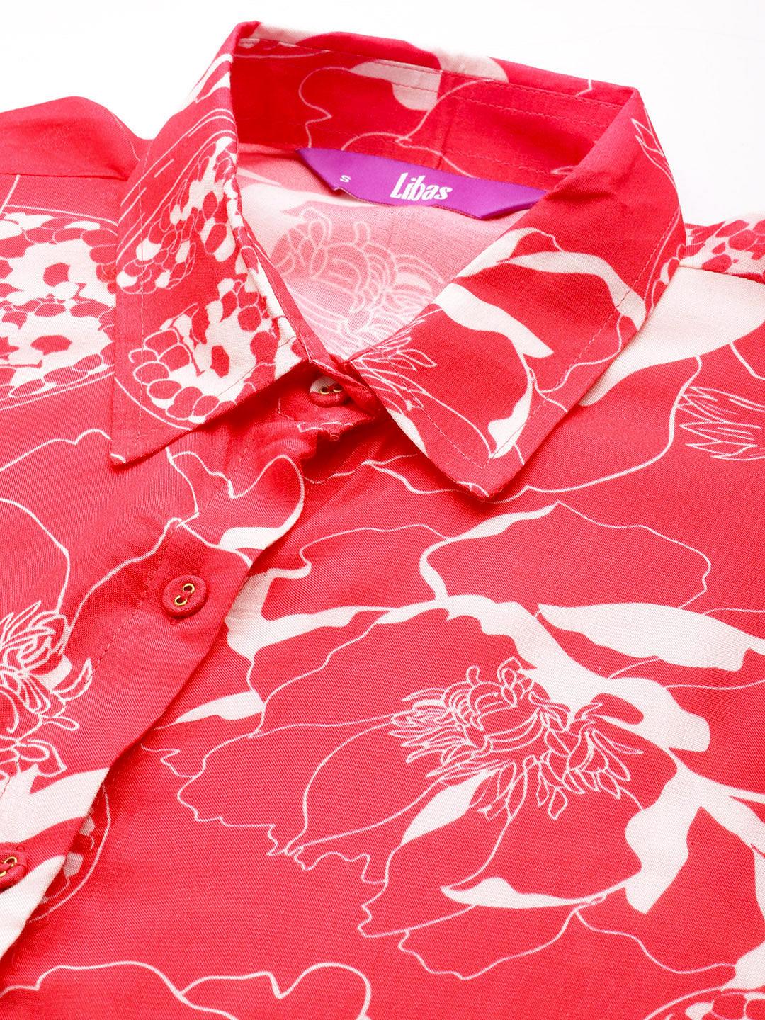 Red Printed Cotton Blend Shirt With Palazzos - Libas