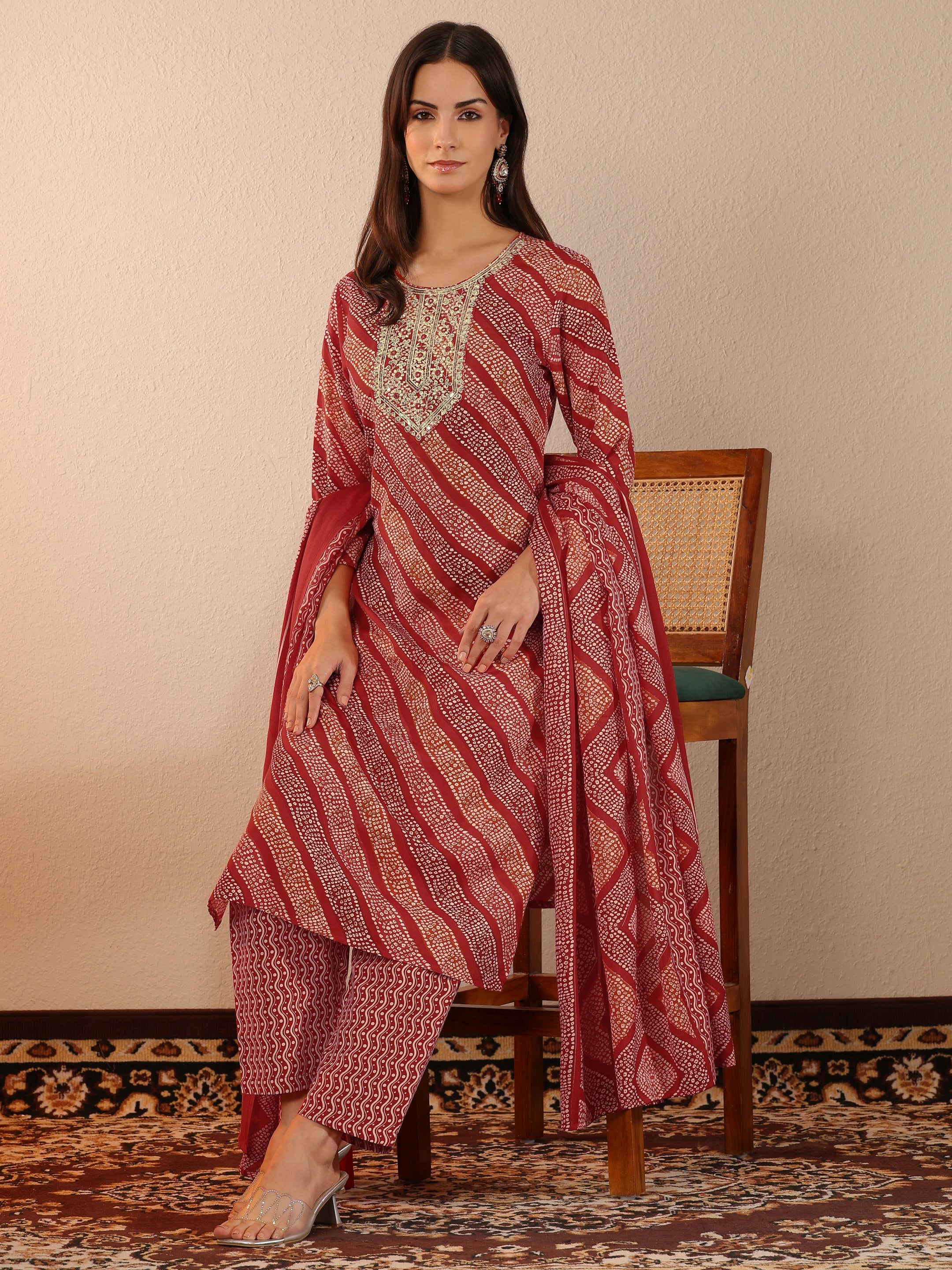 libas Red Printed Cotton Blend Straight Suit Set With Dupatta-picture-13