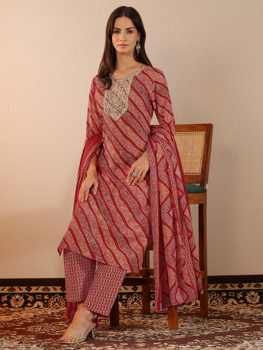 Red Printed Cotton Blend Straight Suit Set With Dupatta
