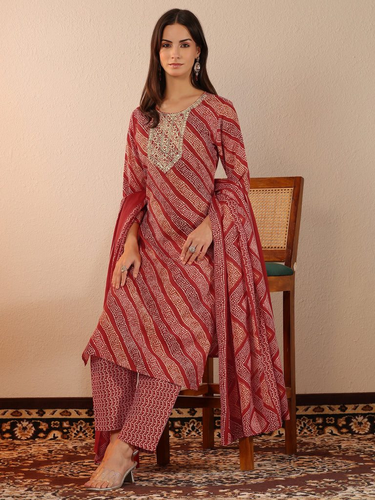 Libas Red Printed Cotton Blend Straight Suit Set With Dupatta