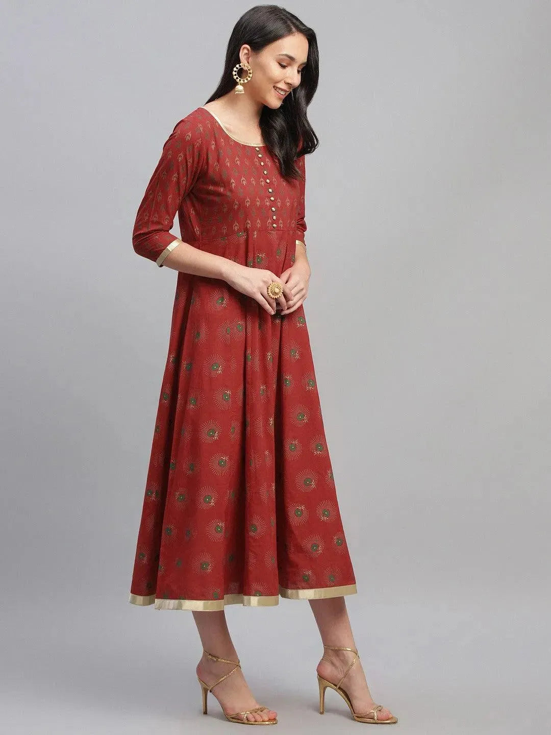 Red Printed Cotton Dress - Libas