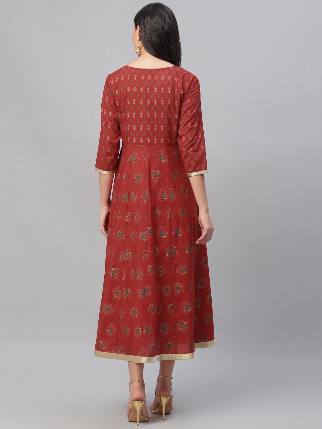 Red Printed Cotton Dress - Libas