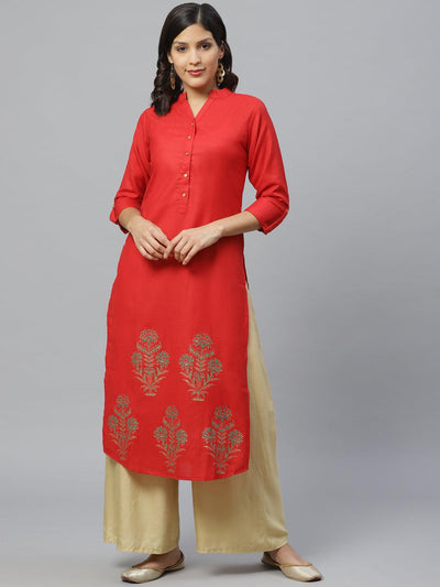 Red Kundan Silk Kurti with Straight Pants | Silk kurti designs, Red kurti  design, Plain kurti designs