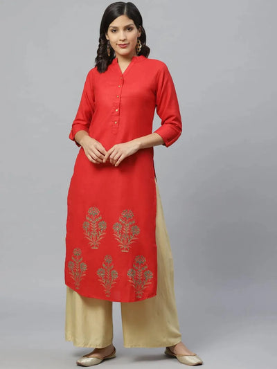 Red Printed Cotton Kurta - Libas