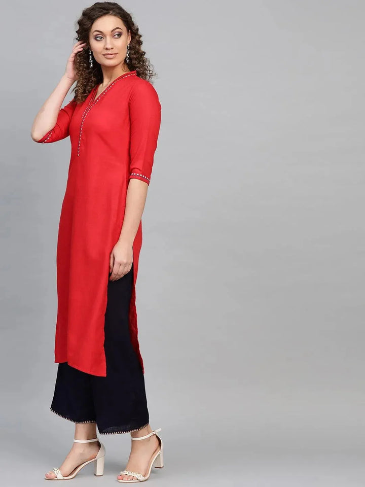 Red Printed Cotton Kurta - Libas