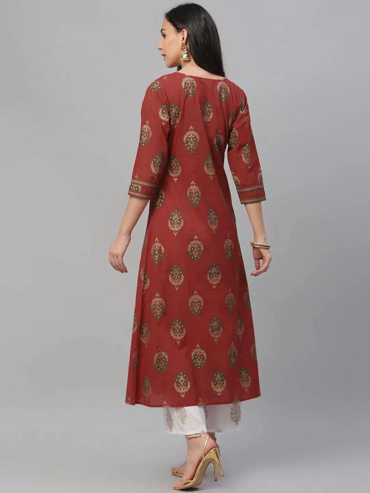Red Printed Cotton Kurta - Libas