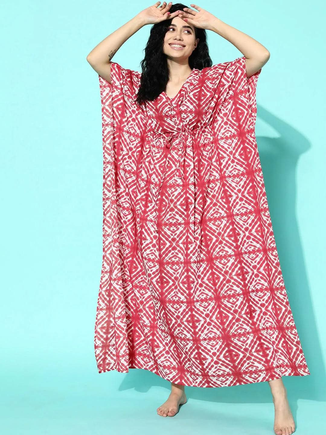 Red Printed Cotton Nightdress - Libas 