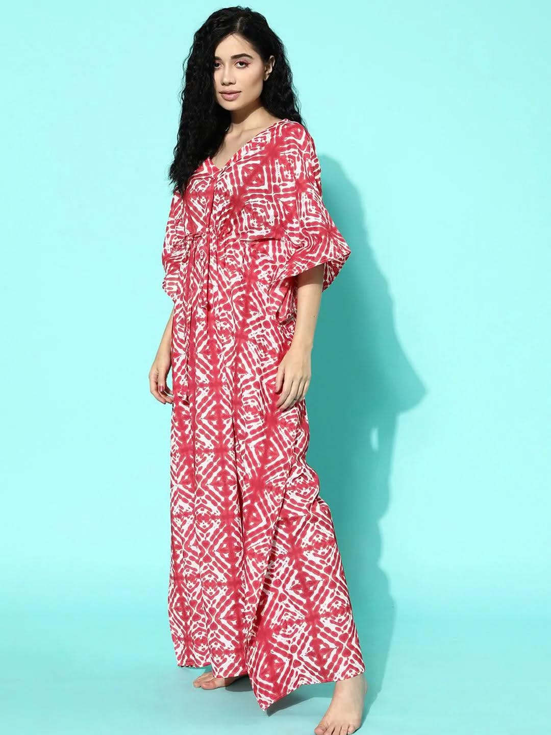 Red Printed Cotton Nightdress - Libas 