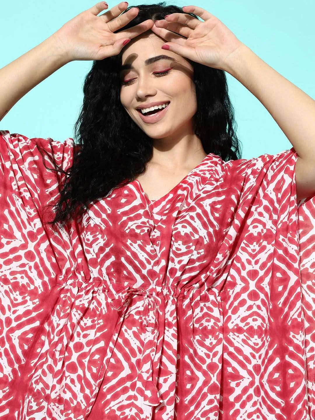 Red Printed Cotton Nightdress - Libas 