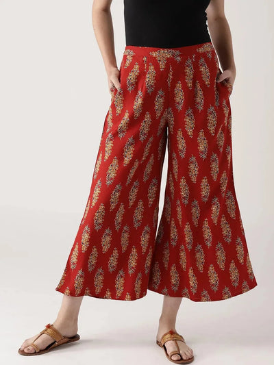 Red Printed Cotton Palazzos - Libas