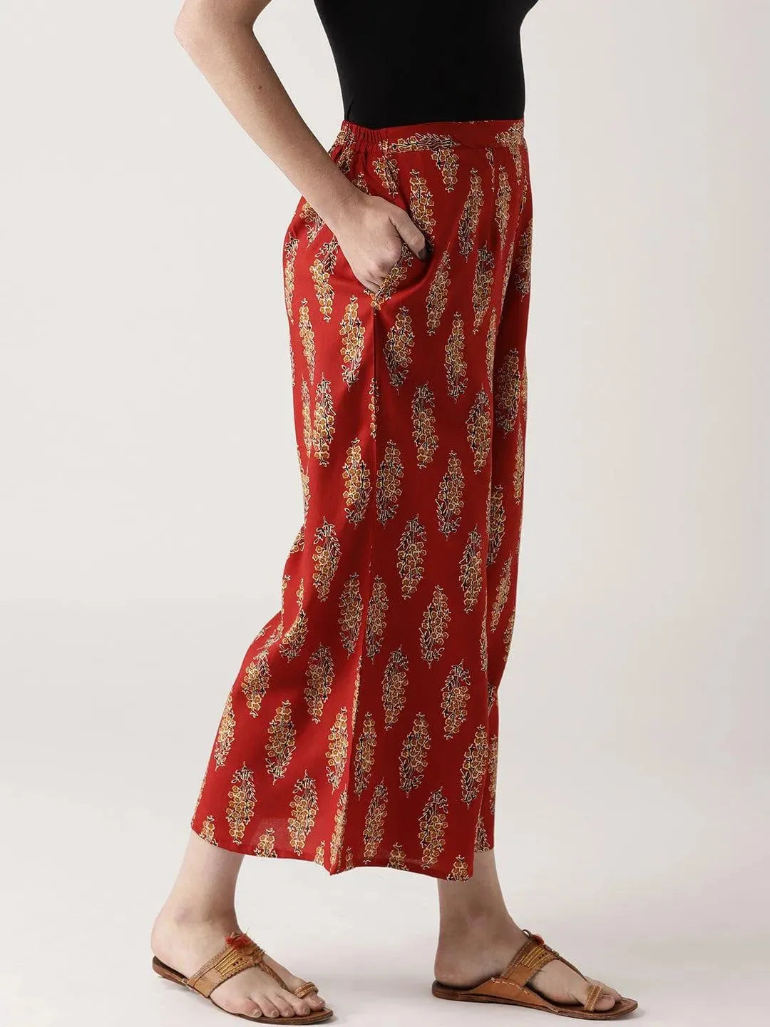 Red Printed Cotton Palazzos - Libas