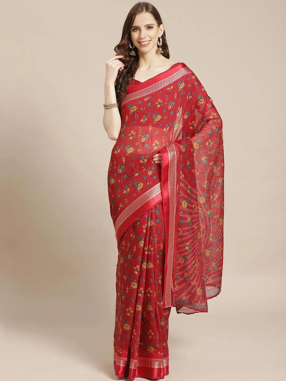 Red Printed Cotton Saree - Libas