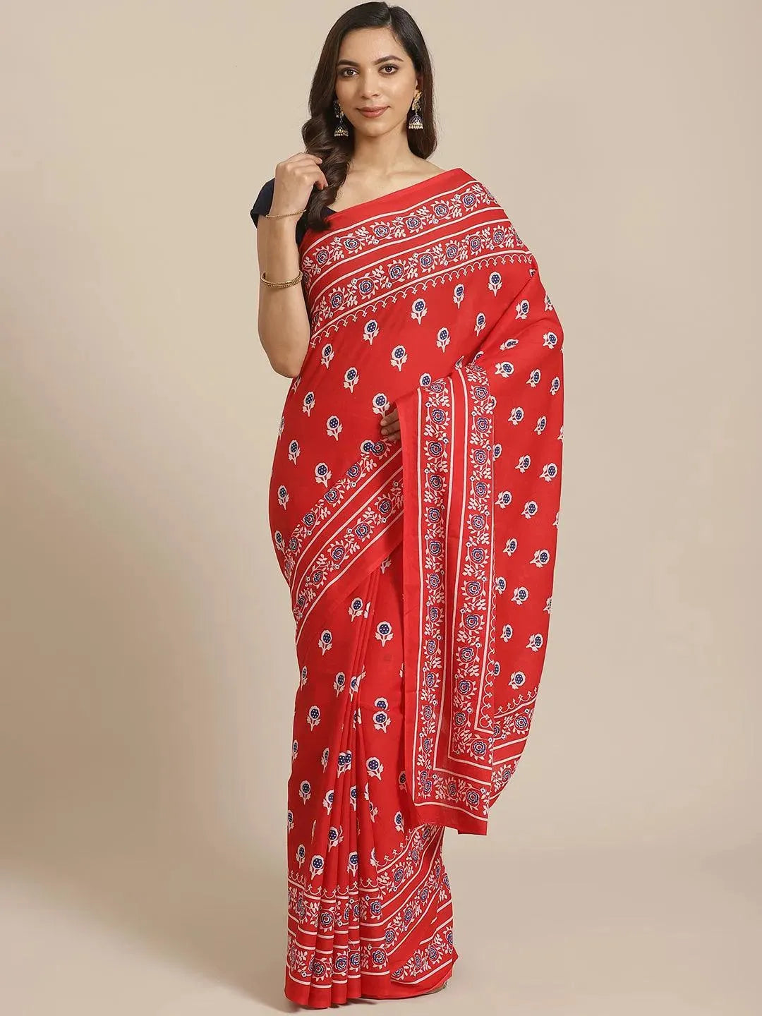 Red Printed Cotton Saree - Libas