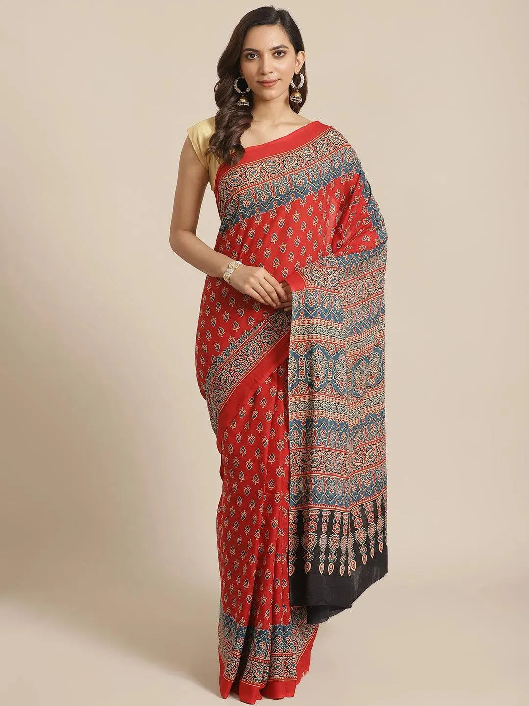 Red Printed Cotton Saree - Libas