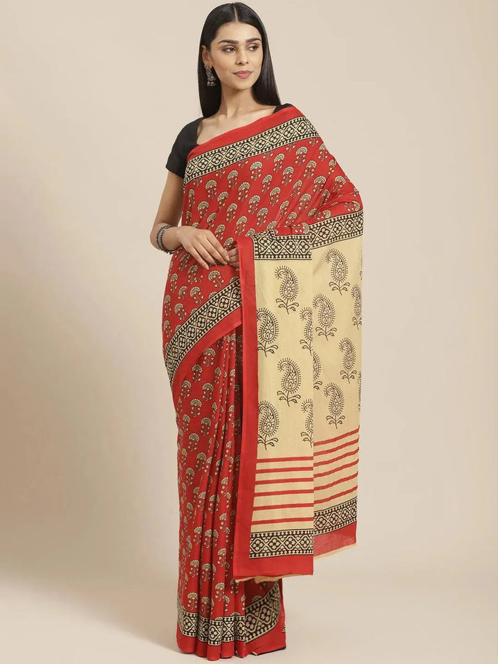 Red Printed Cotton Saree - Libas