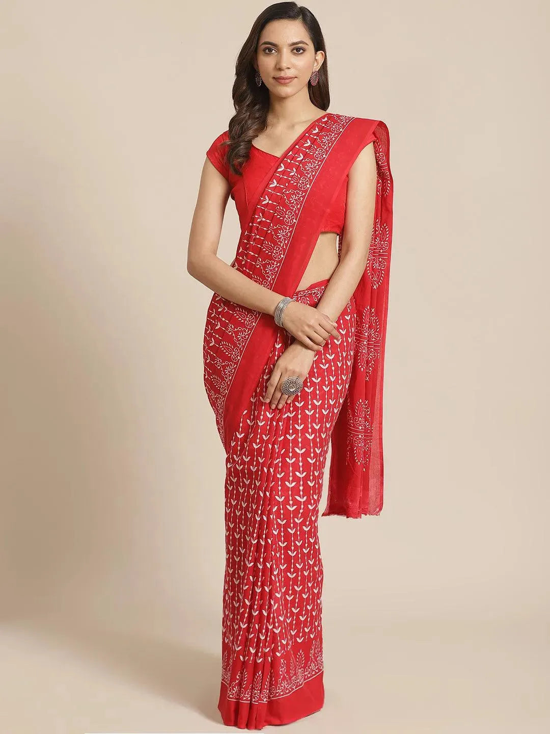 Red Printed Cotton Saree - Libas