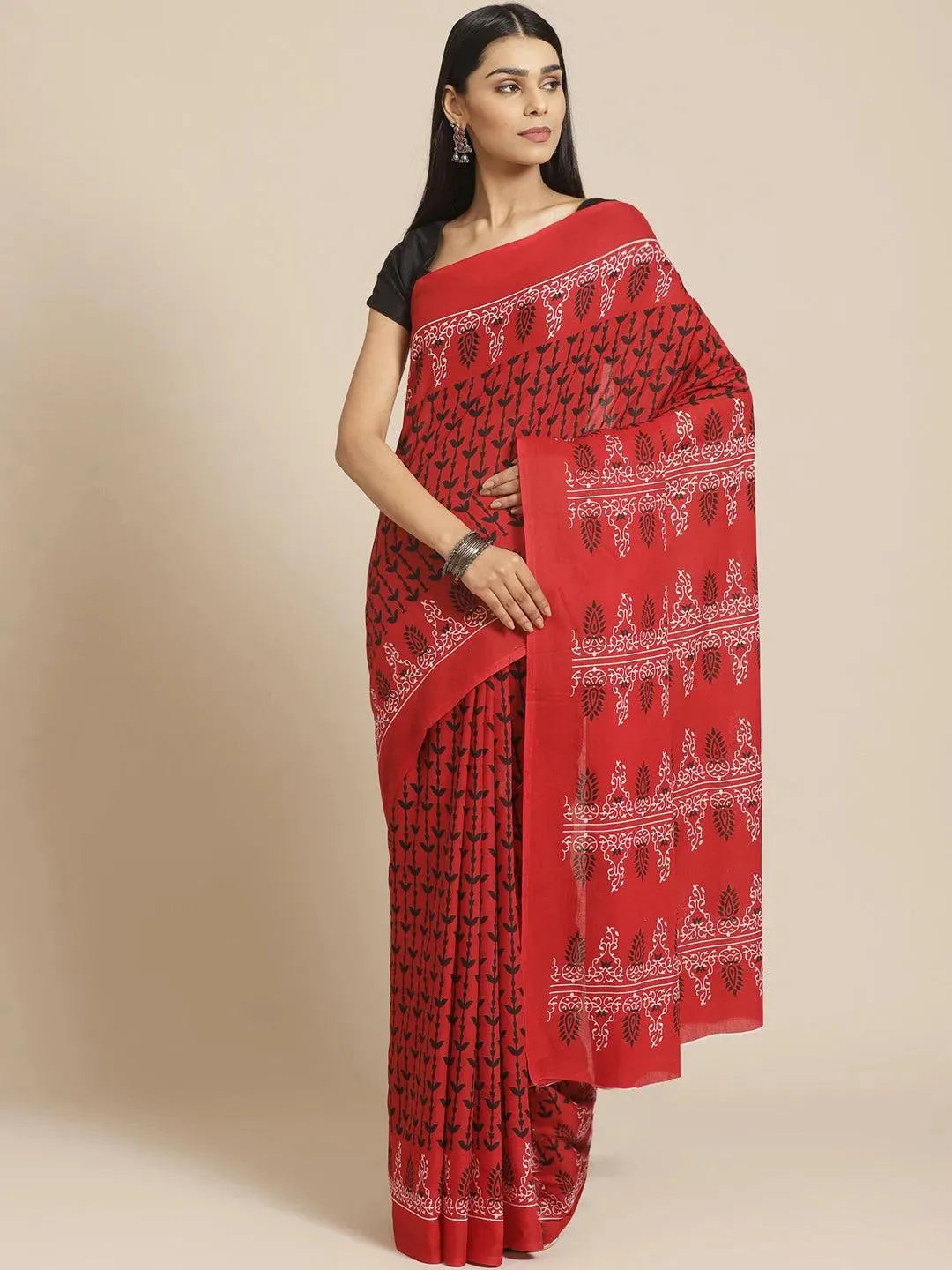 Red Printed Cotton Saree - Libas