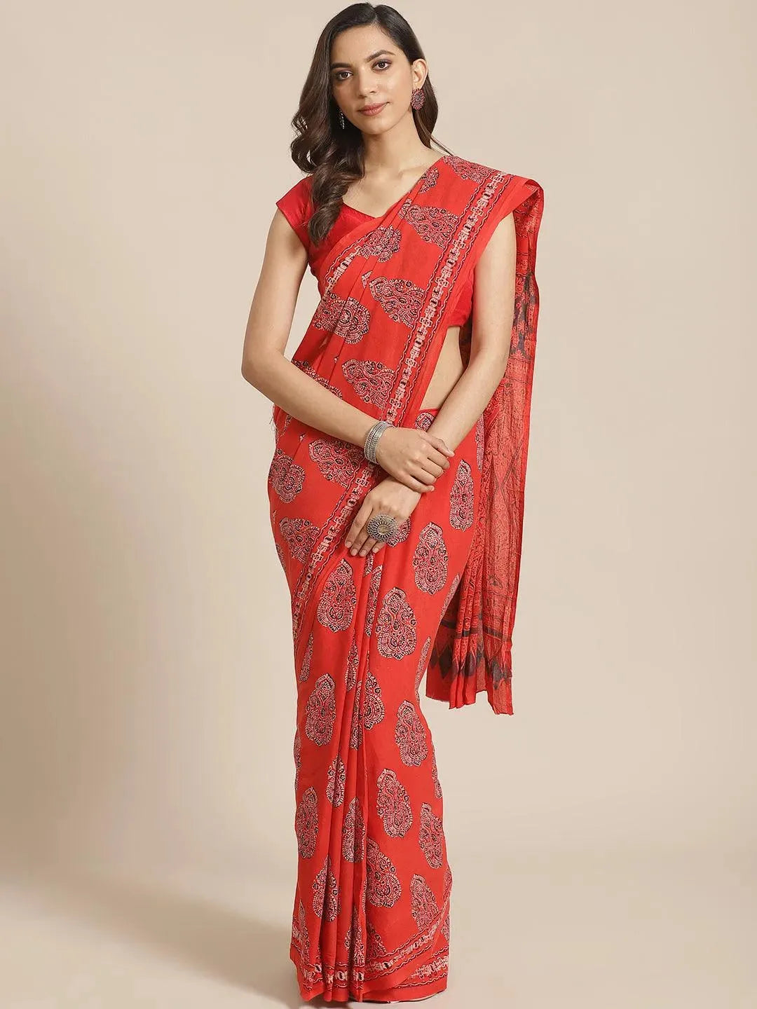 Red Printed Cotton Saree - Libas