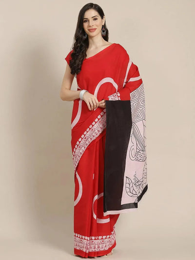 Red Printed Cotton Saree - Libas