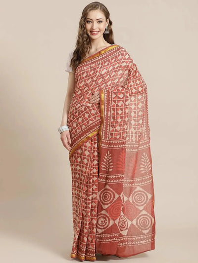 Red Printed Cotton Saree - Libas