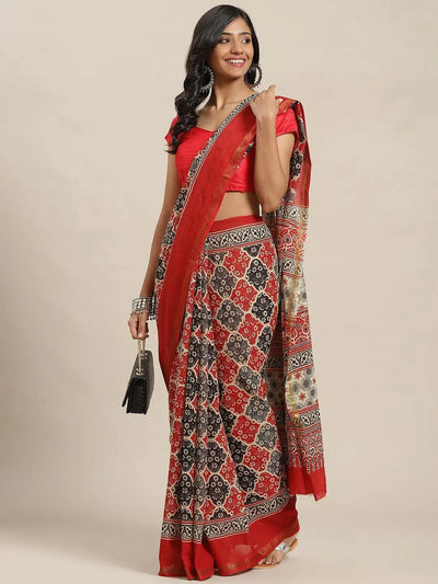 Red Printed Cotton Saree - Libas