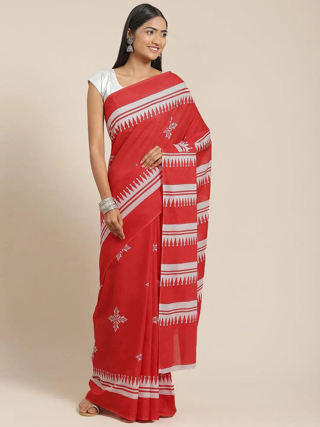 Red Printed Cotton Saree - Libas