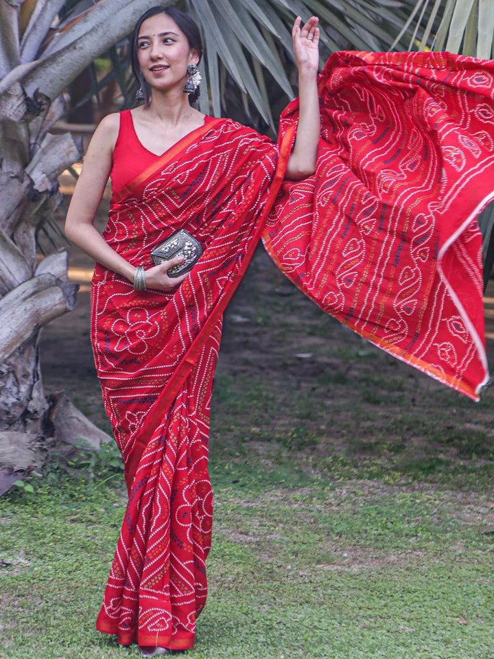 Red Printed Cotton Saree - Libas