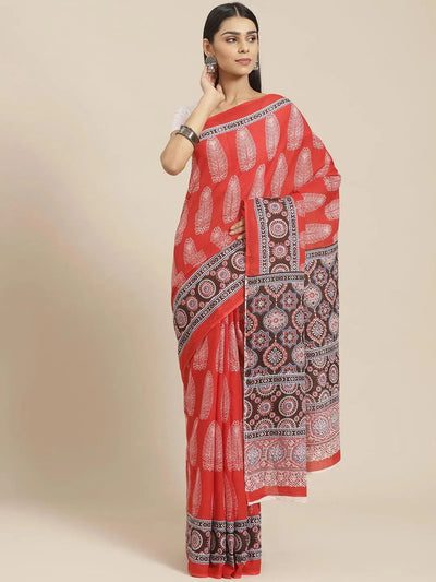 Red Printed Cotton Saree - Libas