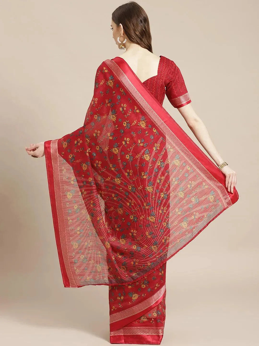 Red Printed Cotton Saree - Libas