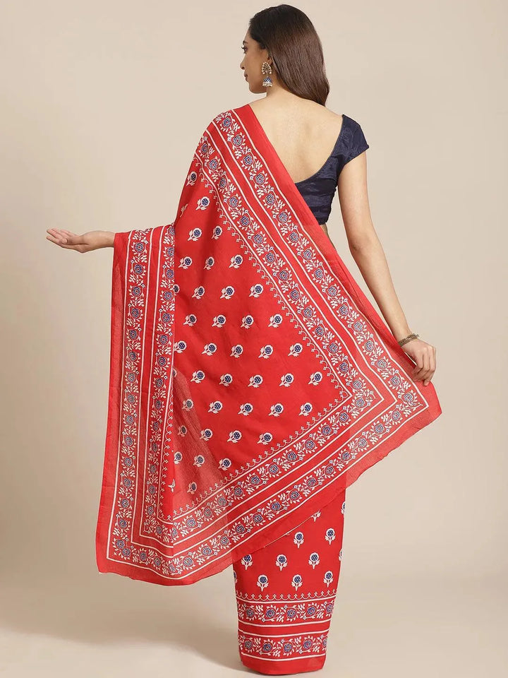 Red Printed Cotton Saree - Libas