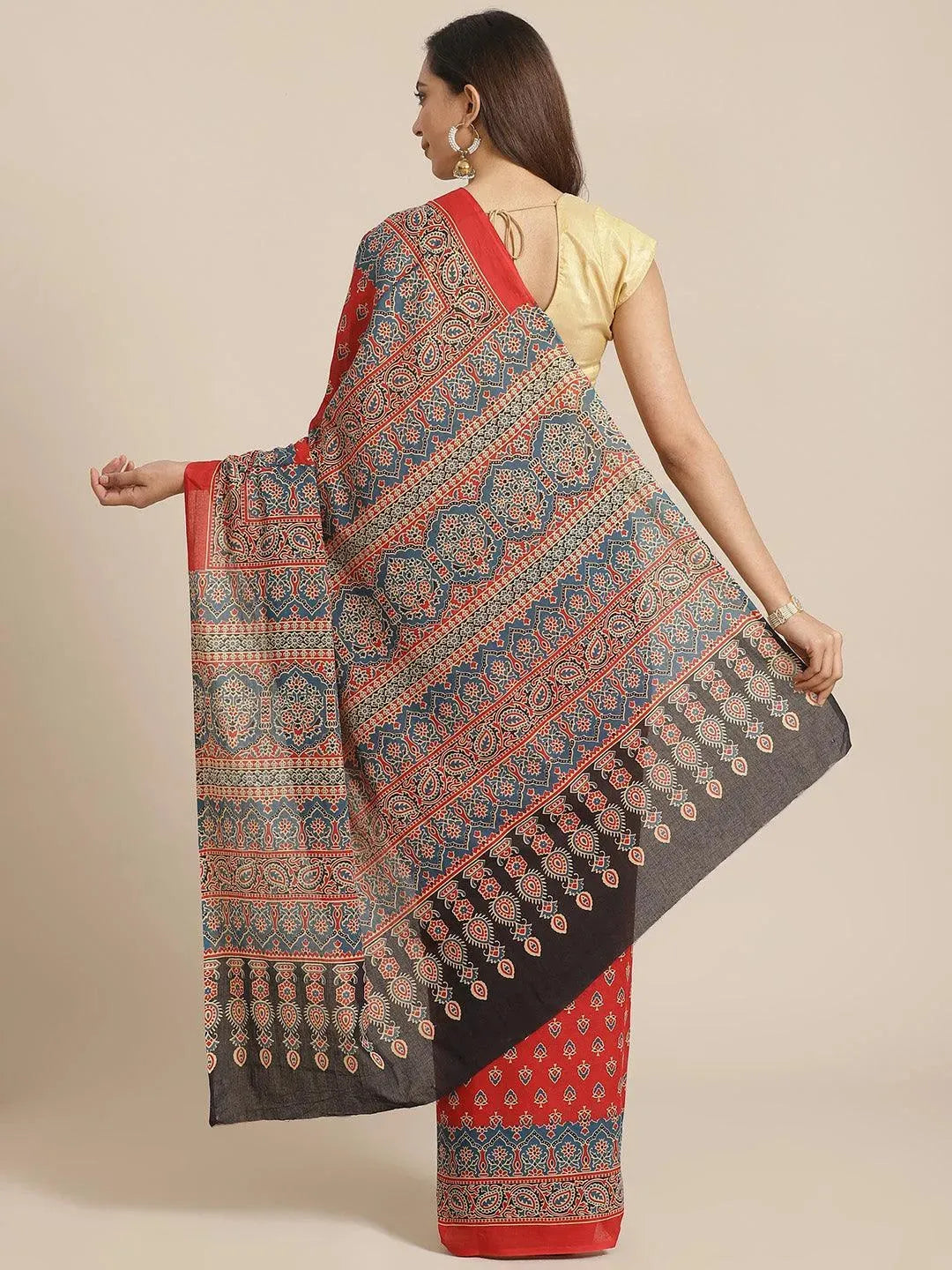 Red Printed Cotton Saree - Libas 
