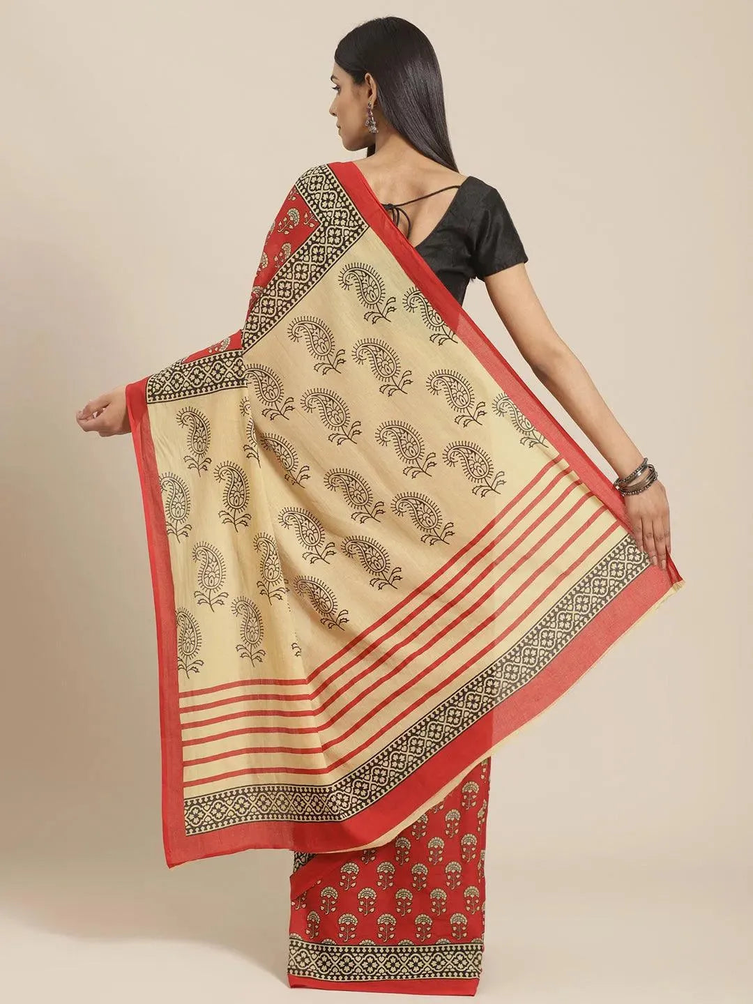 Red Printed Cotton Saree - Libas