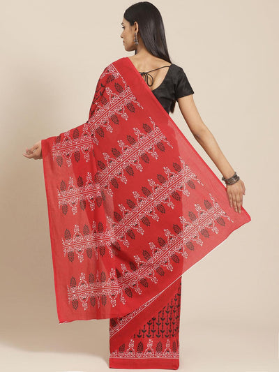Red Printed Cotton Saree - Libas