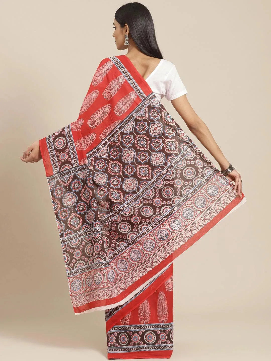 Red Printed Cotton Saree - Libas